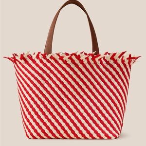 Red & Cream Woven Tote Bag with Brown Handles